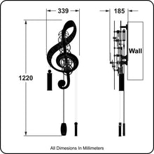 Load image into Gallery viewer, Treble clef clock drawing showing overall dimensions