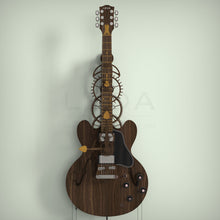 Load image into Gallery viewer, Guitar Clock Inspired By The Gibson 335 - Wooden Mechanical Pendulum Wall Clock Finished In Walnut