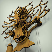 Load image into Gallery viewer, Tree Of Life wooden gear clock, underside view showing oak tree branches and walnut leaves