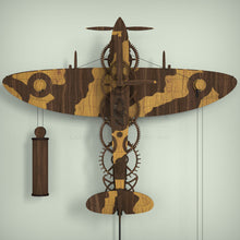 Load image into Gallery viewer, Spitfire MK-IX wooden wall clock with oak and walnut camouflage