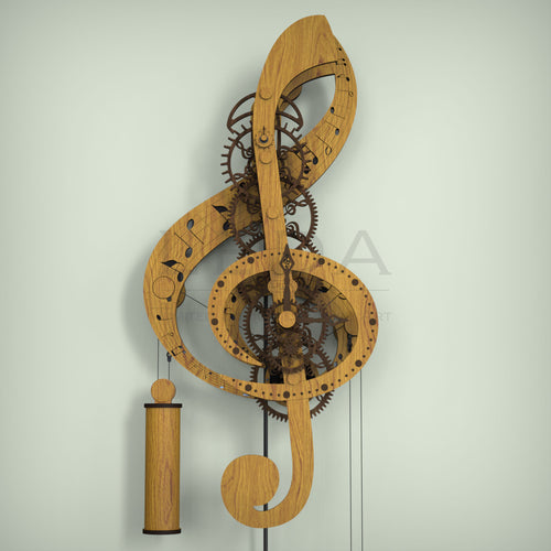 Treble clef wooden mechanical clock finished in oak with walnut marquetry