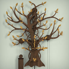 Load image into Gallery viewer, Tree Of Life wooden mechanical pendulum wall clock finished in walnut with oak leaves