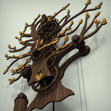 Load image into Gallery viewer, Tree Of Life wooden gear clock, showing walnut tree branches and oak leaves
