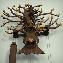 Load image into Gallery viewer, Tree Of Life wooden clock mechanism, underside view with drive weight
