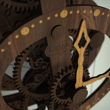 Load image into Gallery viewer, Treble clef wooden clock with oak minute hand and treble clef detail