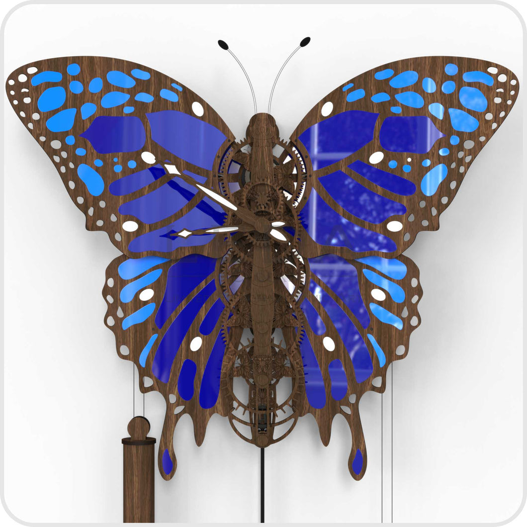 Butterfly Pendulum Wall Clock with dark blue and light blue acrylic marquetry
