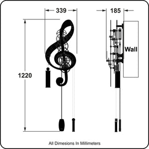 Treble clef clock technical drawing with dimensions