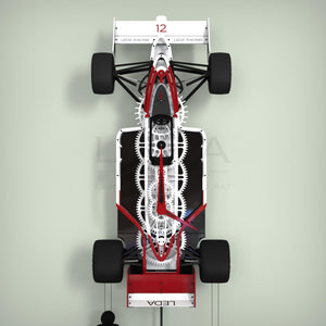 Front view of the Formula One wall clock in white and red