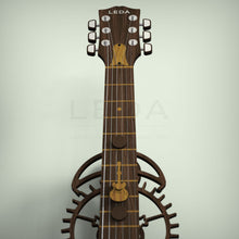 Load image into Gallery viewer, View of walnut guitar neck with oak marquetry and real strings