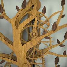 Load image into Gallery viewer, Oak Tree Of Life wooden wall clock escapement mechanism with wooden pallets