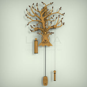 Oak Tree Of Life wooden clock mechanism with pendulum, full front view showing pendulum and drive weight