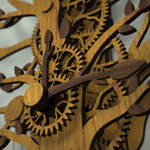 Tree Of Life wooden clock with oak gear driving the hours hand