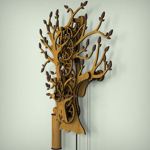 Oak Tree Of Life wooden pendulum clock showing the depth of the clock and rear mounting frame