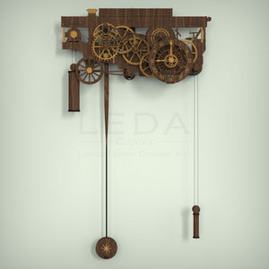 Showmans engine clock full view with pendulum weight and winding handle