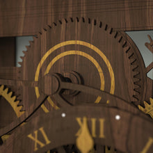 Load image into Gallery viewer, Showmans engine clock showing flywheel with wooden marquetry