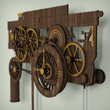 Load image into Gallery viewer, Showmans engine clock showing flywheel with wooden marquetry