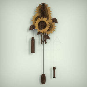 Sunflower wall clock with wooden gears and frame
