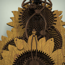 Load image into Gallery viewer, Sunflower wall clock up close of minute bee hand and detailed gears