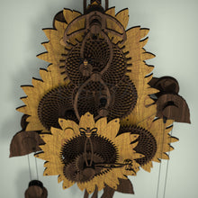 Load image into Gallery viewer, Bespoke wooden sunflower clock with detailed gears