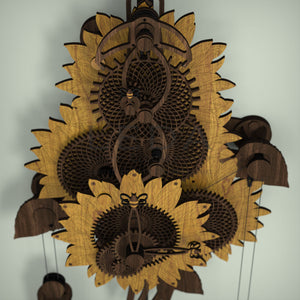 Bespoke wooden sunflower clock with detailed gears