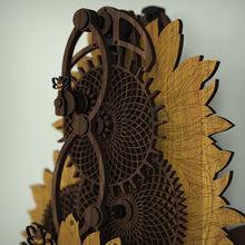 Load image into Gallery viewer, Wooden sunflower mechanical clock side view of back plate, gears and second hand