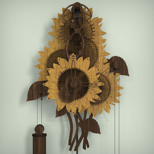 Front view of sunflower mechanical wall clock finished in oak and walnut