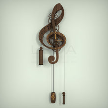 Load image into Gallery viewer, Treble clef wall clock with wooden gears and frame