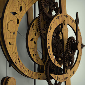 Treble clef clock art showing wooden gears and musical notes