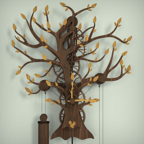 Tree Of Life wooden mechanical pendulum wall clock finished in walnut with oak leaves