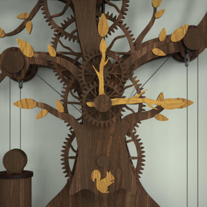 Tree Of Life wooden mechanical clock showing tree branch hour and minute hands