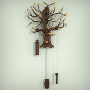 Tree Of Life wooden mechanical wall clock full front view showing pendulum and drive weight