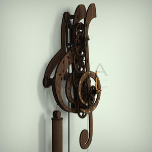 Treble clef mechanical wooden clock with wooden gears
